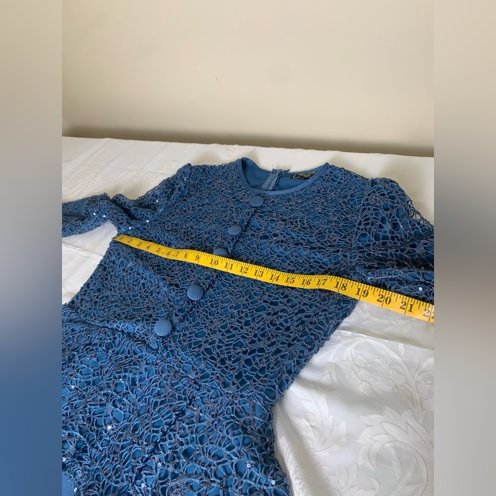 Modest Evening Dress Teal Blue long sleeve Stretch Sequins belt Sz 44 (Turkey) - Picture 6 of 17